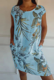 Red Casual Floral Print O Neck Short Sleeve Loose Vacation Cotton Midi T-shirt Dress
