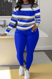 Blue Stripe Print O Neck Long Sleeve Oversize Tops And Skinny Pants Sportwear Casual Two Pieces Sweatpant Sets