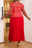 Red Casual Floral Print O Neck 3/4 Sleeve Formal Evening Party Pleated Maxi Dresses