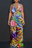 Pink Purple Casual Floral Print Backless Sleeveless Lace Up Loose Vacation Halter Wide Leg Jumpsuits