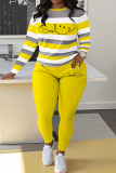 Blue Stripe Print O Neck Long Sleeve Oversize Tops And Skinny Pants Sportwear Casual Two Pieces Sweatpant Sets