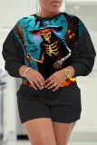 White Casual Halloween Costume Pumpkin Skull Print O Neck Long Sleeve Sweatshirt And Shorts Two Pieces Shorts Sets