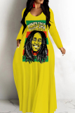 Yellow Figure Print Backless Spaghetti Strap Floor Length Vacation Baggy Sundress Slip Maxi Dress