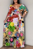 Light Yellow Floral Print V Neck 3/4 Sleeve Floor Length Vacation Long Loose Maxi Dress