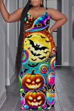 Orange Blue Halloween Pumpkin Print Backless Spaghetti Strap Floor Length Plus Size Vacation Baggy Sundress Slip Maxi Dress