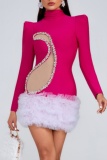 Rose Red Rhinestone Decor Turtleneck Long Sleeve Mesh Ruffle Hem Party Formal Evening Bodycon Mini Dresses