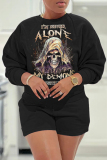 White Casual Halloween Print O Neck Long Sleeve Sweatshirt And Shorts Two Pieces Shorts Sets