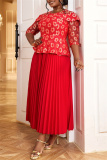 Red Casual Floral Print O Neck 3/4 Sleeve Formal Evening Party Pleated Maxi Dresses
