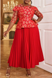 Red Casual Floral Print O Neck 3/4 Sleeve Formal Evening Party Pleated Maxi Dresses