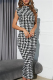 Casual Houndstooth Print Sleeveless Half A Turtleneck Wrapped Skirt Formal Evening Party Bodycon Maxi Dress