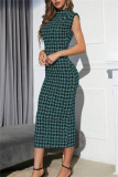 Casual Houndstooth Print Sleeveless Half A Turtleneck Wrapped Skirt Formal Evening Party Bodycon Maxi Dress