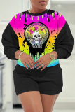 Black Pink Casual Halloween Print O Neck Long Sleeve Sweatshirt And Shorts Two Pieces Shorts Sets