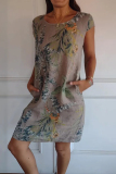 Red Casual Floral Print O Neck Short Sleeve Loose Vacation Cotton Midi T-shirt Dress