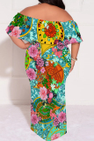 White Casual Floral Print Off Shoulder Flutter Sleeve Long Loose Vacation Plus Size Maxi Dresses