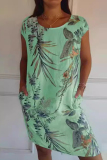 Red Casual Floral Print O Neck Short Sleeve Loose Vacation Cotton Midi T-shirt Dress