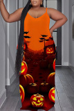 Orange Blue Halloween Pumpkin Print Backless Spaghetti Strap Floor Length Plus Size Vacation Baggy Sundress Slip Maxi Dress