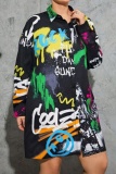 Black Graffiti Print Turndown Collar Long Sleeve Casual Irregular Vacation Plus Size Shirt Mini Dresses