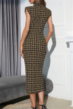 Casual Houndstooth Print Sleeveless Half A Turtleneck Wrapped Skirt Formal Evening Party Bodycon Maxi Dress