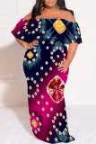 Multicolor Casual Floral Print Off Shoulder Flutter Sleeve Long Loose Vacation Plus Size Maxi Dresses