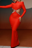 Red Hollow Out Half A Turtleneck Long Sleeve Formal Evening Party Long Bodycon Maxi Dress