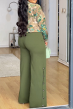 Green Graphic Print Deep V Neck Long Sleeve Blouse And Buckle Wide Leg Pants Vacation Two Pieces Trouser Sets