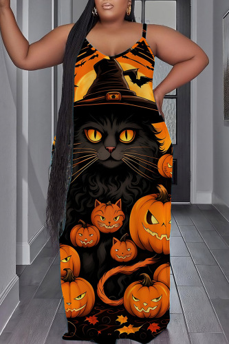 Orange Blue Halloween Pumpkin Print Backless Spaghetti Strap Floor Length Plus Size Vacation Baggy Sundress Slip Maxi Dress