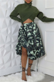 Casual Camouflage Print High Waist Drawstring Bubble Hem Midi Skirt