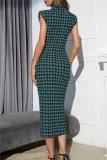Casual Houndstooth Print Sleeveless Half A Turtleneck Wrapped Skirt Formal Evening Party Bodycon Maxi Dress