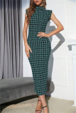 Casual Houndstooth Print Sleeveless Half A Turtleneck Wrapped Skirt Formal Evening Party Bodycon Maxi Dress
