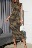 Casual Houndstooth Print Sleeveless Half A Turtleneck Wrapped Skirt Formal Evening Party Bodycon Maxi Dress