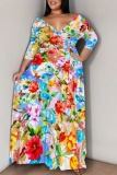 Light Yellow Floral Print V Neck 3/4 Sleeve Floor Length Vacation Long Loose Maxi Dress