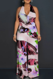 Pink Purple Casual Floral Print Backless Sleeveless Lace Up Loose Vacation Halter Wide Leg Jumpsuits