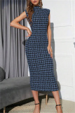 Casual Houndstooth Print Sleeveless Half A Turtleneck Wrapped Skirt Formal Evening Party Bodycon Maxi Dress