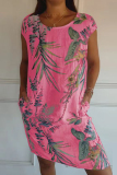 Red Casual Floral Print O Neck Short Sleeve Loose Vacation Cotton Midi T-shirt Dress