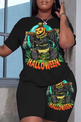 Pink Casual Halloween Graphics Print O Neck Short Sleeve Oversize T-Shirt And Shorts Two Pieces Shorts Sets