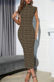 Casual Houndstooth Print Sleeveless Half A Turtleneck Wrapped Skirt Formal Evening Party Bodycon Maxi Dress