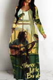 Yellow Figure Print Backless Spaghetti Strap Floor Length Vacation Baggy Sundress Slip Maxi Dress