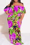 White Casual Floral Print Off Shoulder Flutter Sleeve Long Loose Vacation Plus Size Maxi Dresses