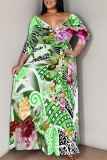 Light Yellow Floral Print V Neck 3/4 Sleeve Floor Length Vacation Long Loose Maxi Dress