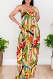 Colorful Boho Graphics Print Backless Spaghetti Strap Floor Length Vacation Baggy Sundress Slip Maxi Dress