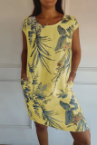 Red Casual Floral Print O Neck Short Sleeve Loose Vacation Cotton Midi T-shirt Dress