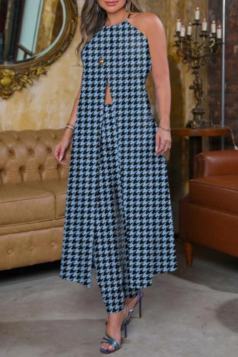 White Casual Print Sleeveless Backless Belted Slit Longline Halter Tops And Skinny Pants Vacation Two Pieces Trouser Sets