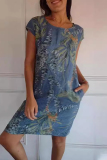 Red Casual Floral Print O Neck Short Sleeve Loose Vacation Cotton Midi T-shirt Dress
