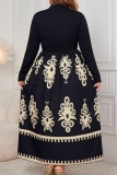 Black Casual Boho Graphics Print O Neck Long Sleeve Long Vacation Plus Size A Line Maxi Dresses