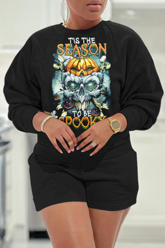 White Casual Halloween Print O Neck Long Sleeve Sweatshirt And Shorts Two Pieces Shorts Sets