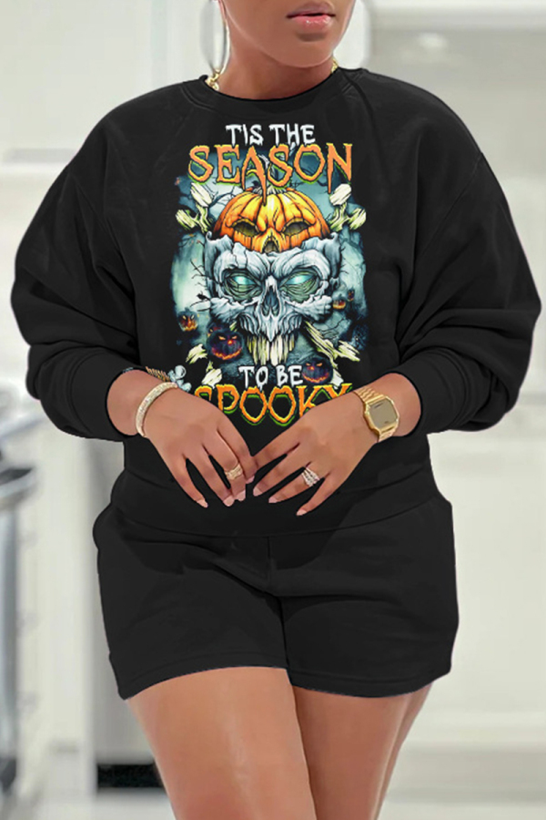 White Casual Halloween Print O Neck Long Sleeve Sweatshirt And Shorts Two Pieces Shorts Sets