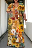 Light Yellow Floral Print V Neck 3/4 Sleeve Floor Length Vacation Long Loose Maxi Dress
