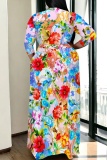 Light Yellow Floral Print V Neck 3/4 Sleeve Floor Length Vacation Long Loose Maxi Dress