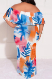 Multicolor Casual Floral Print Off Shoulder Flutter Sleeve Long Loose Vacation Plus Size Maxi Dresses