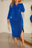 Blue Casual V Neck Long Sleeve Side Slit Formal Evening Party Plus Size Bodycon Maxi Dress
